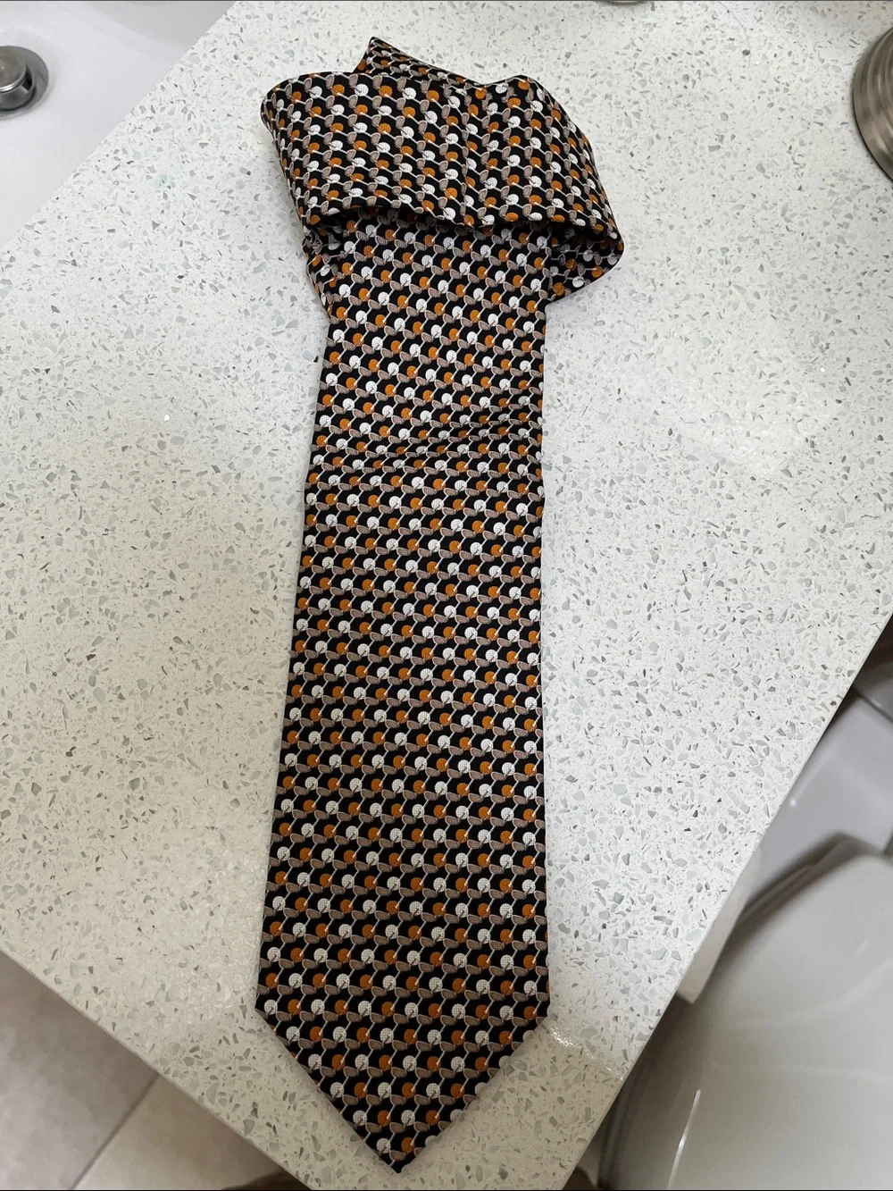 Salvatore Ferragamo Black, Tan, Orange & Cream Silk Tie with Golf Club and Balls